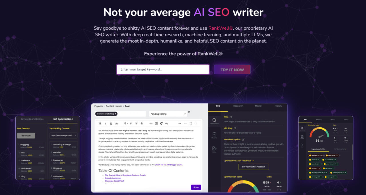 Content-at-Scale-produces-large-volumes-of-SEO-focused-content-with-up-to-3,000-words-per-piece-and-supports-100-languages-for-global-targeting.