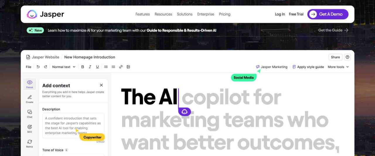 Jasper AI Homepage Jasper AI Homepage is the official website of Jasper AI, a company specializing in artificial intelligence and machine learning. Here you will find information about Jasper AI's products and services as well as news and updates from the world of artificial intelligence. Visitors can also learn about career opportunities at Jasper AI and