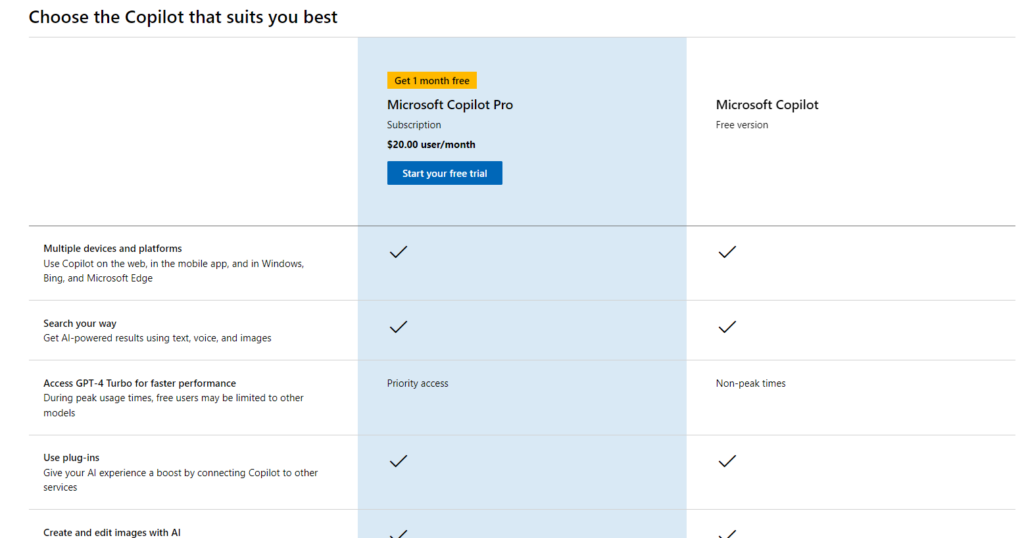 Microsoft Copilot 2 different pricing plan.
