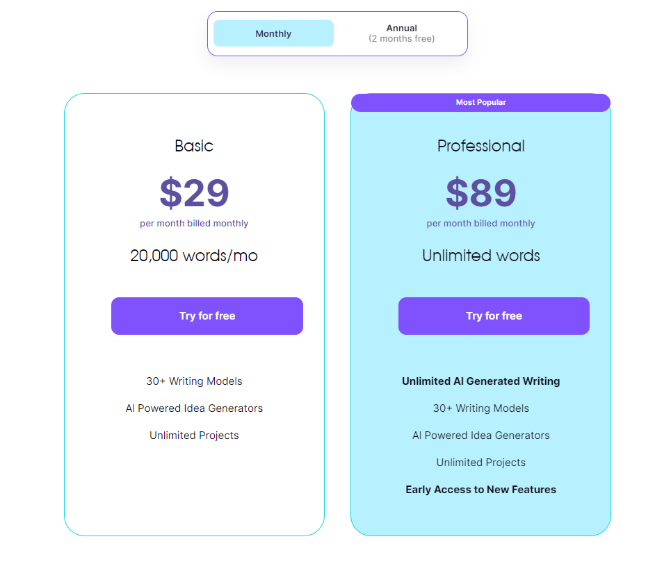Plans d'abonnement Fundwriter AI comparant les fonctionnalités et les prix de base et professionnels