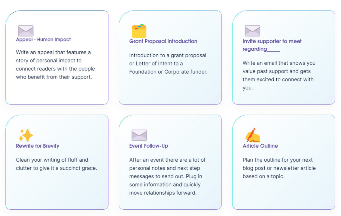 Painel do Fundwriter AI com vários modelos para criação de conteúdo de captação de recursos para organizações sem fins lucrativos.