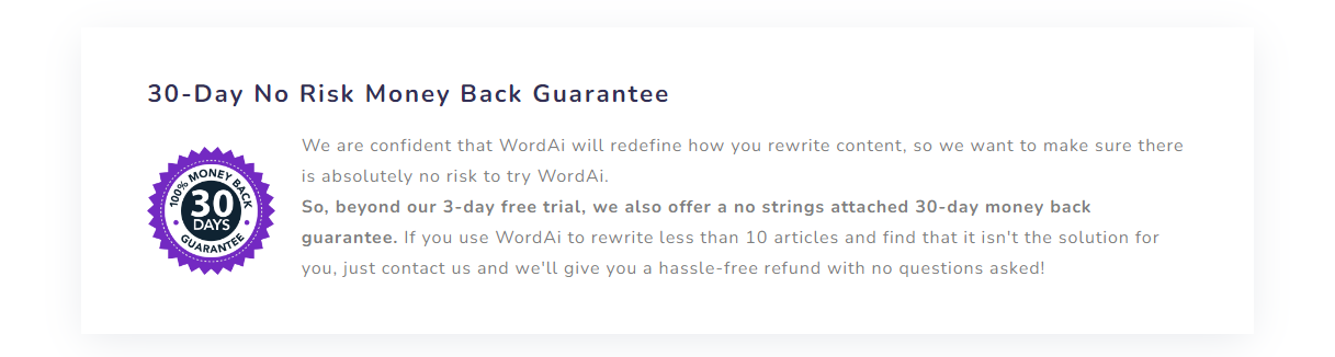  Garantia de devolução do dinheiro em 30 dias da WordAI. 