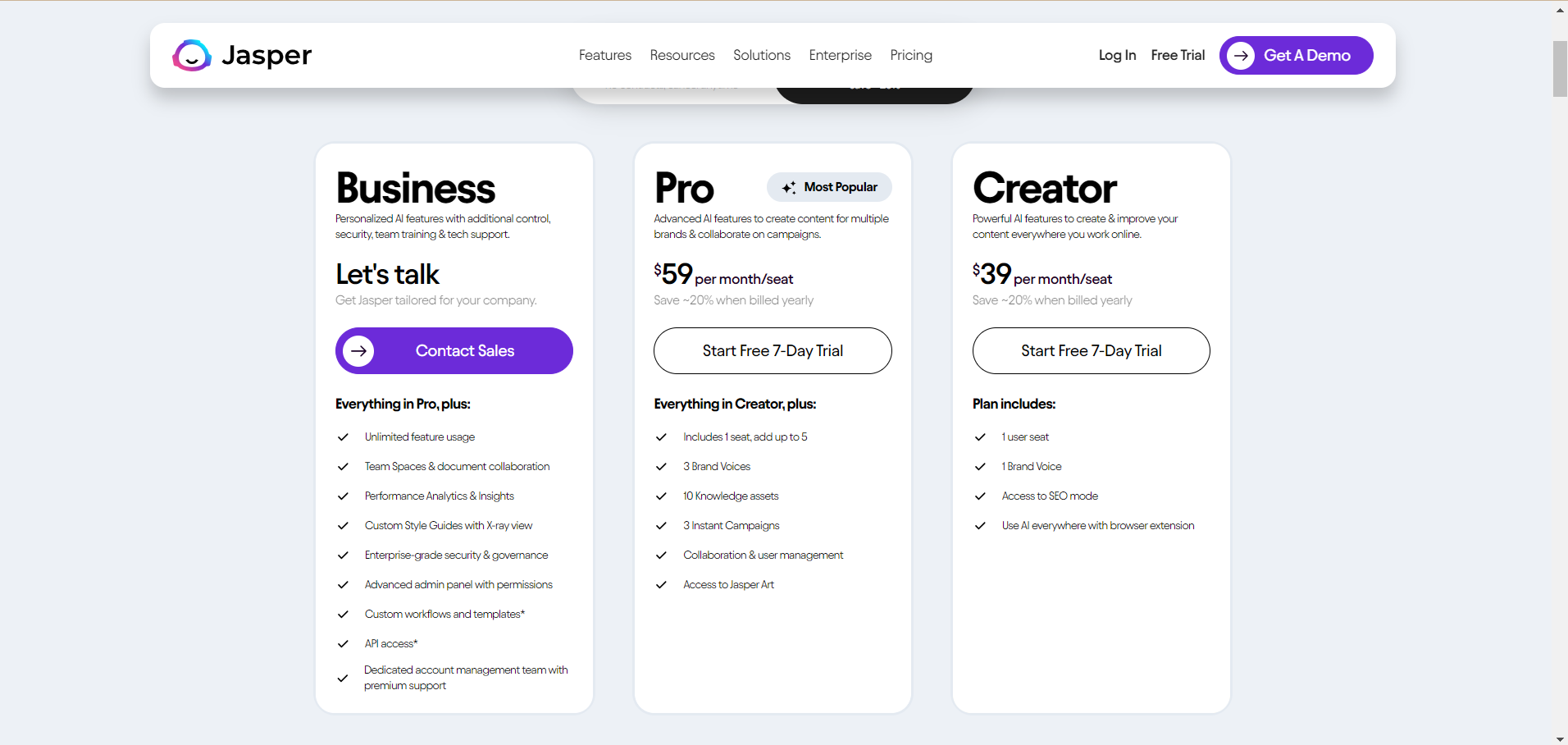 Jasper-AI-offers-tiered-pricing-starting-at-$49/month-for-individuals-to-$125/month-for-teams-with-custom-options-for-businesses.-While-not-the-cheapest-its-feature-rich-plans-prioritize-quality-and-efficiency-in-content-creation-with-potential-additional-costs-like-overage-fees-or-optional-services-to-consider.