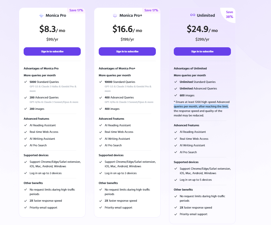 Monica-AI-pricing-plans-for-entrepreneurs-small-teams-and-large-organizations-including-Pro-Pro+-and-Unlimited-with-various-query-limits-and-features.