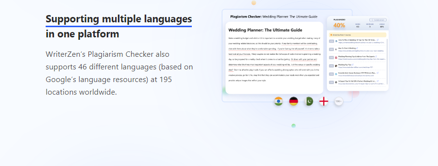 Writerzen suporta 46 idiomas com base nos recursos de idiomas do Alphabet.