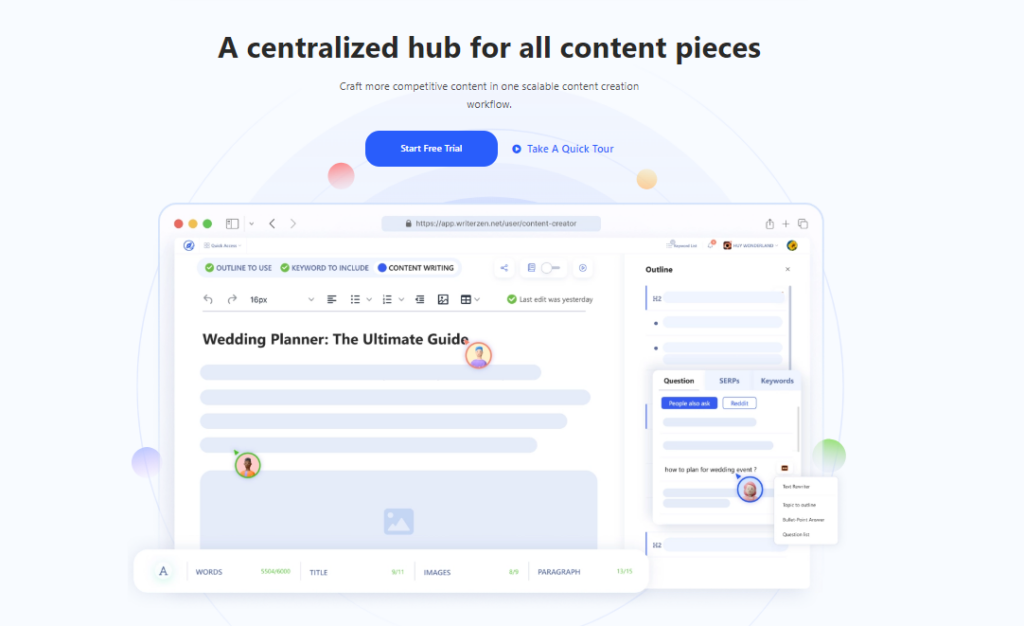 O recurso criador de conteúdo do WriterZen oferece modelos e formatos para criar artigos e blogs bem estruturados.