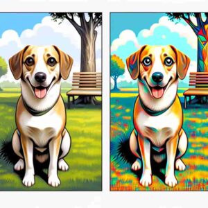  un cane in un parco stilizzato e cartoonesco che mostra come diverse interpretazioni di un cane felice in un parco possano portare a risultati inaspettati. 