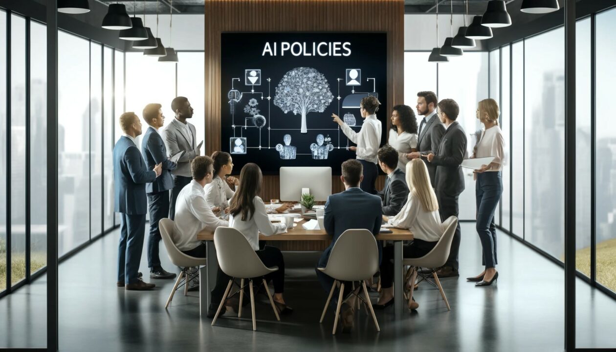  A imagem de um ambiente de escritório moderno onde um grupo diversificado de profissionais está discutindo políticas de perplexidade - políticas de IA. 