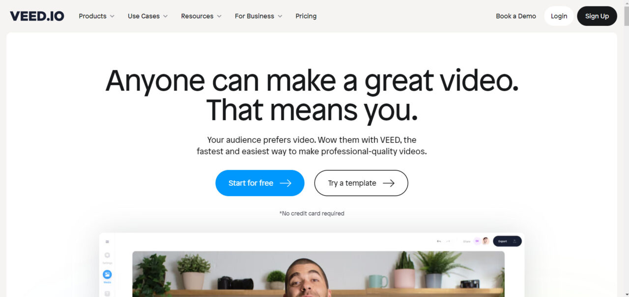  VEED.IO VEED.IO ist eine Online-Video-Editing-Plattform, die es Benutzern ermöglicht, Videos schnell und einfach zu bearbeiten und zu teilen. Mit einer benutzerfreundlichen Oberfläche und einer Vielzahl von Tools und Funktionen können Benutzer ihre Videos personalisieren und professionell aussehen lassen. Egal, ob es sich um Social-Media-Inhalte, Werbevideos oder persönliche Projekte handelt, VE 