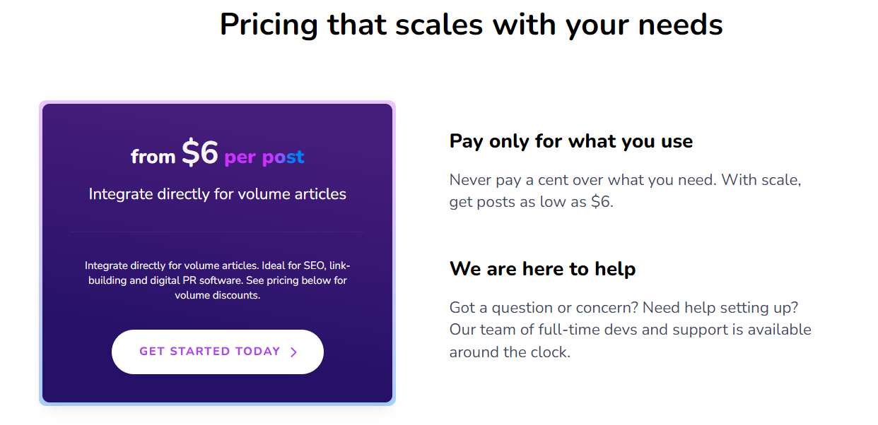  Modello di prezzo variabile Content-at-Scale si adatta a diverse scale di produzione a partire da $6 per post. 