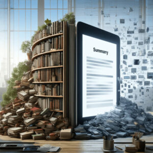  imagem que retrata a metáfora visual de uma estante grande e desorganizada cheia de livros grossos se transformando em um tablet digital elegante. 