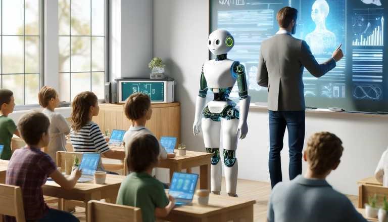  AI als unterstützendes Werkzeug für Lehrer mit einem AI-Roboter, der einem menschlichen Lehrer in einer modernen Klassenzimmereinstellung assistiert. 