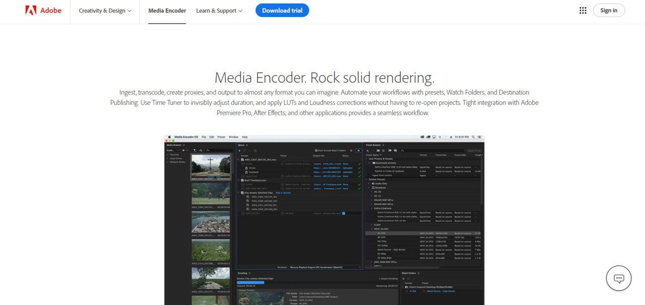  Adobe Media Encoder ist ein Programm, das Teil der Adobe Creative Cloud ist und zur Konvertierung und Komprimierung von Mediendateien verwendet wird. Es ermöglicht Benutzern, verschiedene Dateiformate und Codecs auszuwählen und Einstellungen für die Ausgabe anzupassen. Adobe Media Encoder kann auch für die Stapelverarbeitung von Dateien verwendet werden, was die Effizienz bei der Verarbeitung großer Mengen von Mediendateien erh 