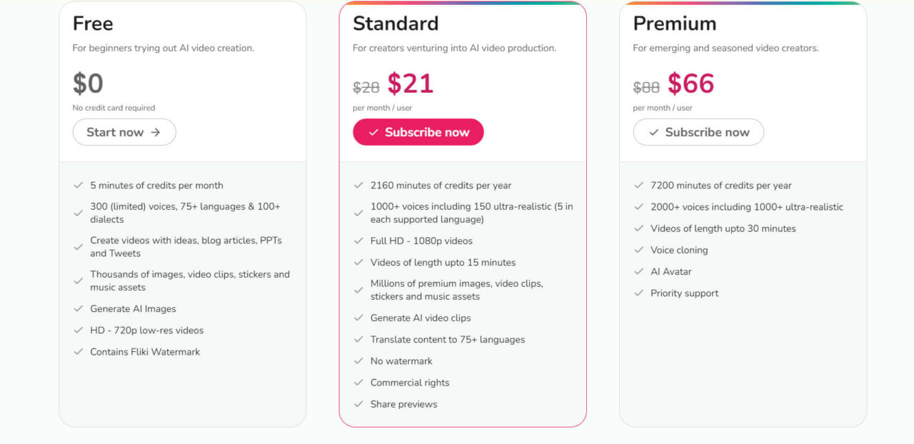 Website pricing page with various subscription options and prices displayed.