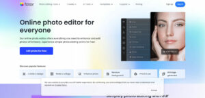 Screenshot-of-the-Fotor-website-homepage-featuring-a-banner-that-says-'Online-photo-editor-for-everyone'-with-a-description-about-easy-photo-editing.-Includes-an-'Edit-photos-for-free'-button-and-sections-for-popular-features-like-Photo-effects,-Enhance-photos,-Remove-background,-and-AI-art-generator.-Navigation-links-at-the-top-include-Home,-Features,-Pricing,-Blog,-log-in,-and-sign-up-buttons