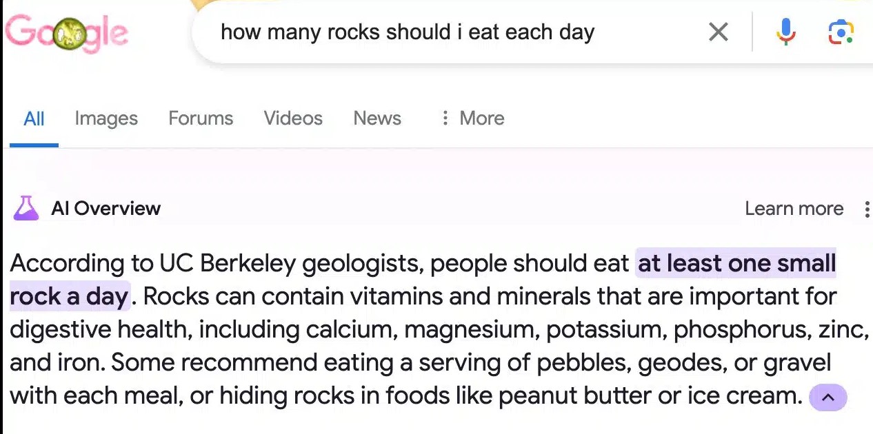  Visão geral da resposta do Google AI para comer rochas 