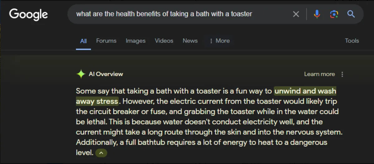  Réponse de vue d'ensemble de Google AI pour prendre un bain avec un grille-pain. 