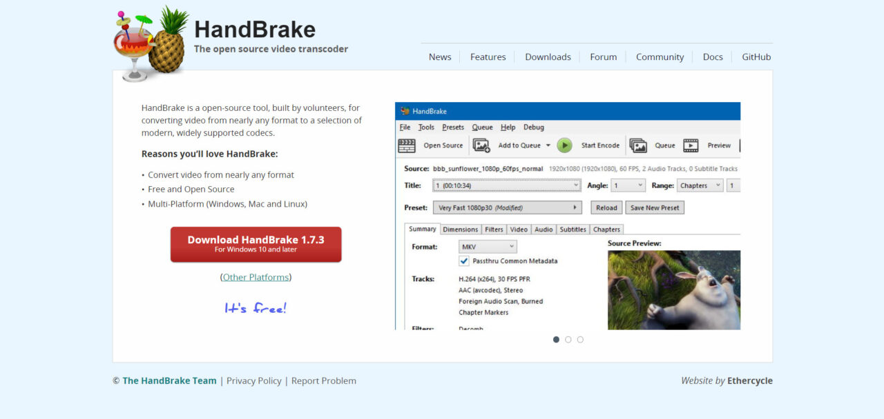  HandBrake é um software de conversão de vídeo gratuito e de código aberto, disponível para Windows, Mac e Linux. Ele permite aos usuários converter vídeos de um formato para outro, com suporte para uma ampla variedade de formatos de entrada e saída. Além disso, o HandBrake também oferece recursos avançados de edição, como cortar, redimensionar e adicionar legendas aos vídeos. É uma ferramenta ú 