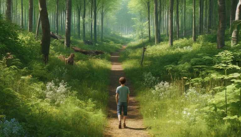  imagem de uma trilha na natureza com uma representação mais realista, onde uma criança com TDAH pode ser vista caminhando ao longo da distância. 