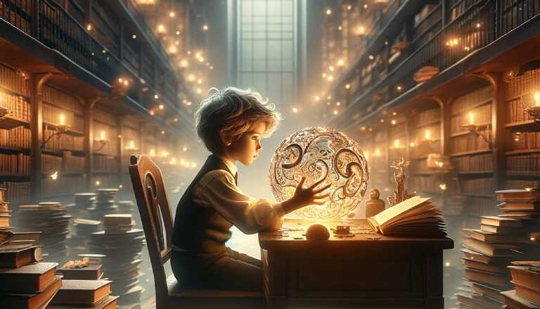 Immagine che raffigura un bambino con ADHD in un ambiente sofisticato e immaginativo di una biblioteca. 