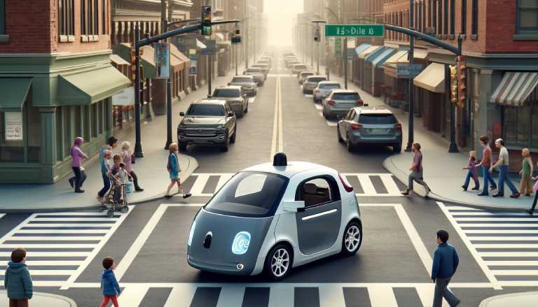  imagem que retrata um carro autônomo enfrentando um dilema ético em uma travessia de pedestres em um ambiente urbano. 