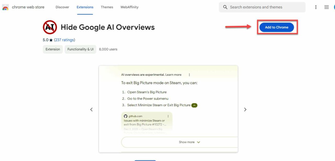Schaltfläche „Zu Chrome hinzufügen“ hervorgehoben, um die Erweiterung „Google AI Overviews“ auszublenden