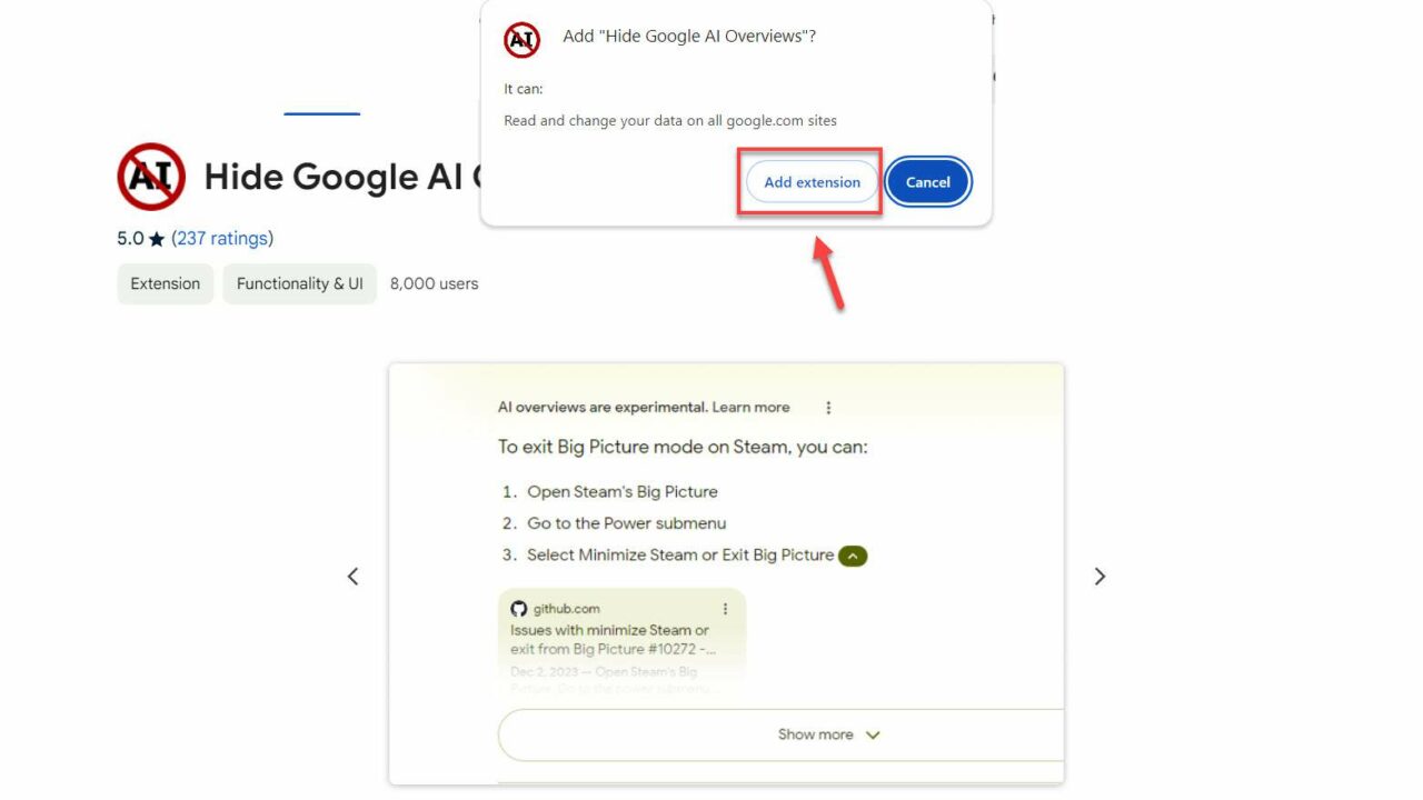 Bestätigungs-Popup zum Hinzufügen und Ausblenden der Google AI-Overviews-Erweiterung