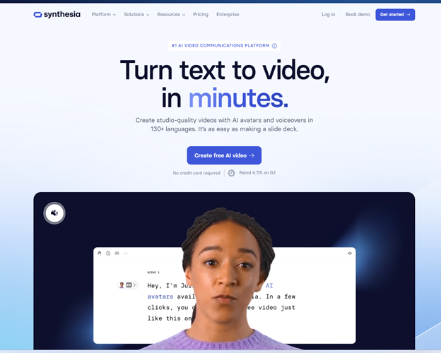  Synthesia transforma texto em vídeos de alta qualidade com avatares e narrações em mais de 130 idiomas usando inteligência artificial. 