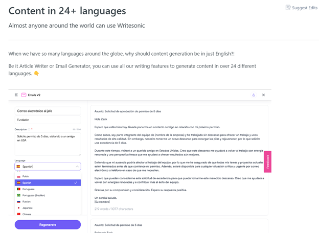  Writesonic's mehrsprachige Fähigkeiten umfassen Unterstützung für 24+ Sprachen. 