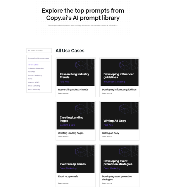  Copy.ai bietet über 90 Vorlagen und Tools für Kurzform-Inhalte, einschließlich Anzeigentexten und Produktbeschreibungen. 
