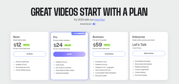 VEED.IO offers pricing options for individuals and teams
