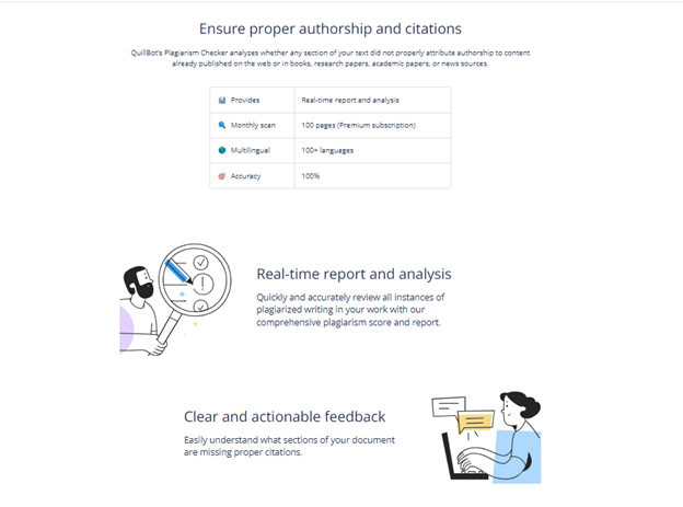  O Quillbot oferece capacidades básicas de relatórios com resumos, texto transformado e feedback detalhado sobre gramática e estilo. 
