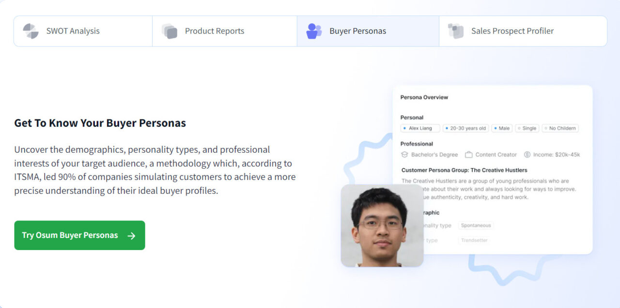  A ferramenta Osum-AI oferece insights detalhados para desenvolver personas de compradores abrangentes. 