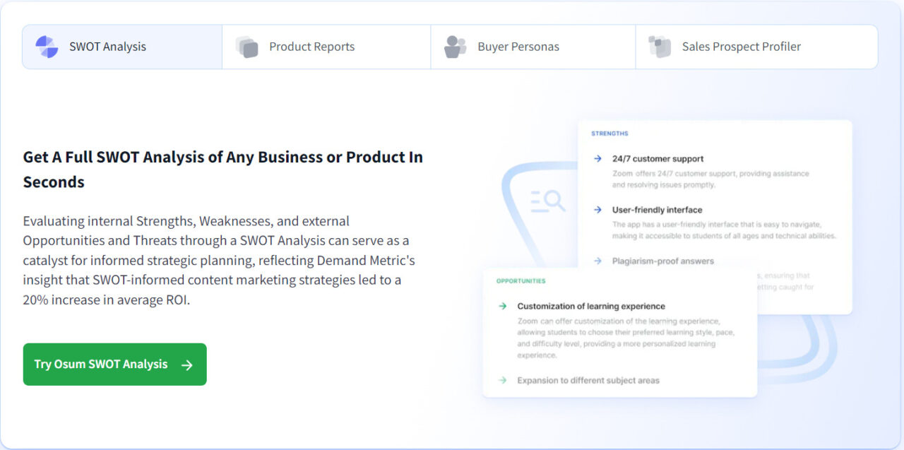  Osum bietet Tools zur Durchführung einer umfassenden SWOT-Analyse von Unternehmen und Marketingstrategien an. 
