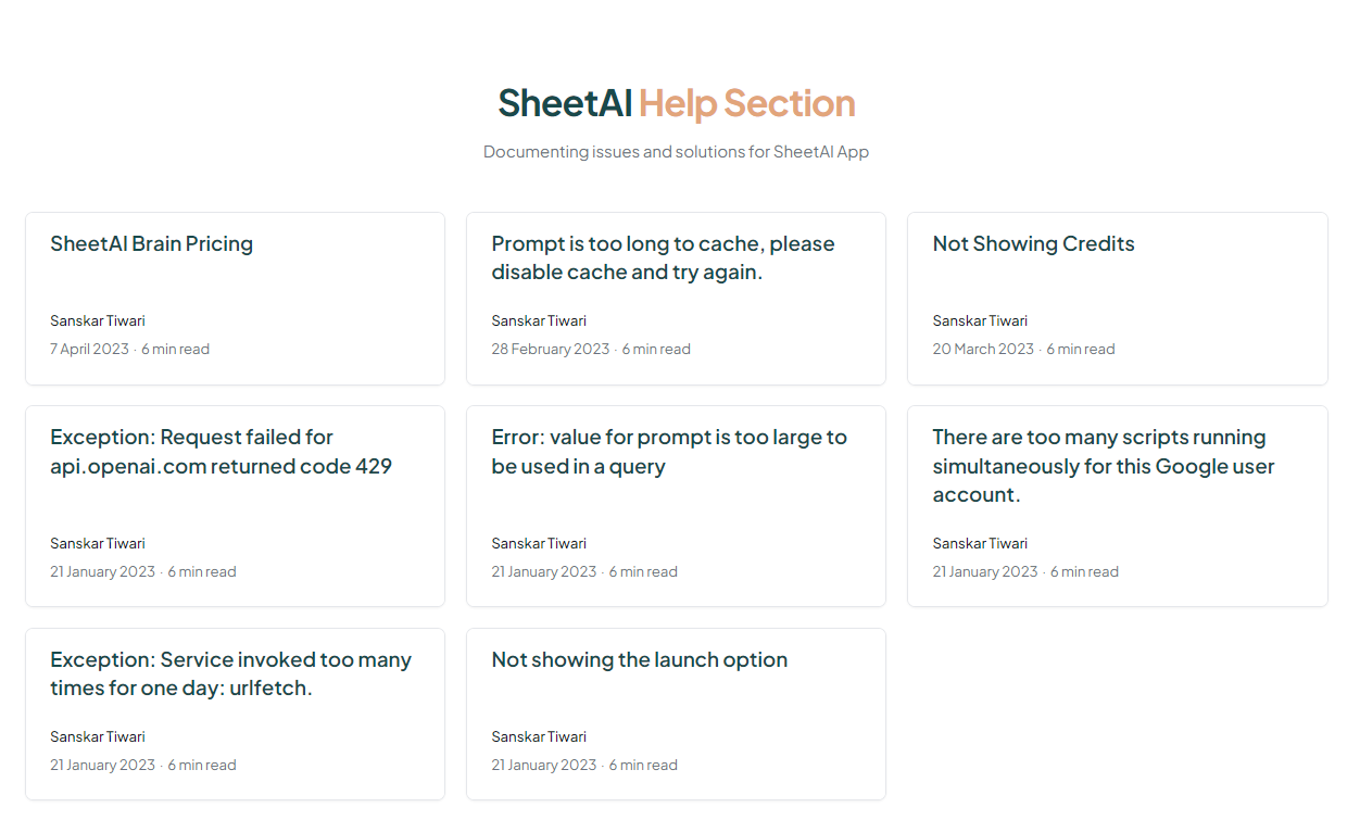 Section d'aide de SheetAI avec des articles sur les problèmes courants et les solutions. 