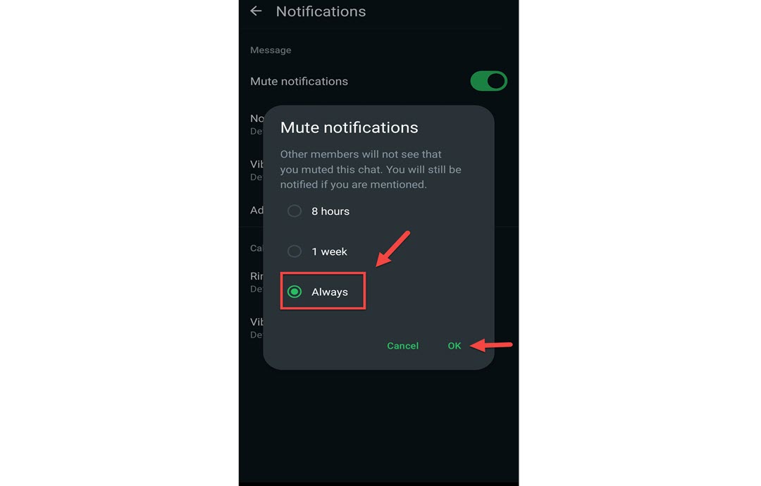  Sélection de la durée de mise en sourdine de WhatsApp et confirmation des notifications de mise en sourdine 