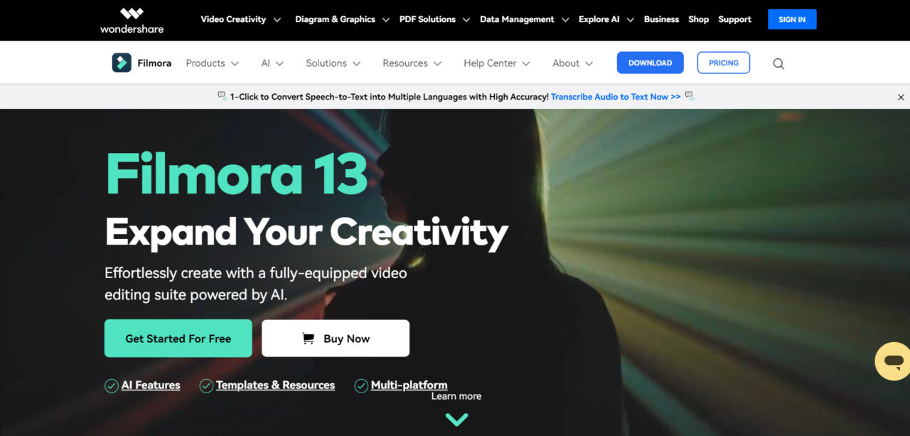  Wondershare Filmora é uma ferramenta de vídeo com inteligência artificial e poderosas capacidades de edição. 