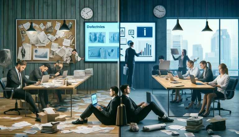  À gauche, une personne frustrée à un bureau encombré travaillant sur une présentation PowerPoint traditionnelle, et à droite, une personne détendue à un bureau propre avec des diapositives générées par l'IA. 