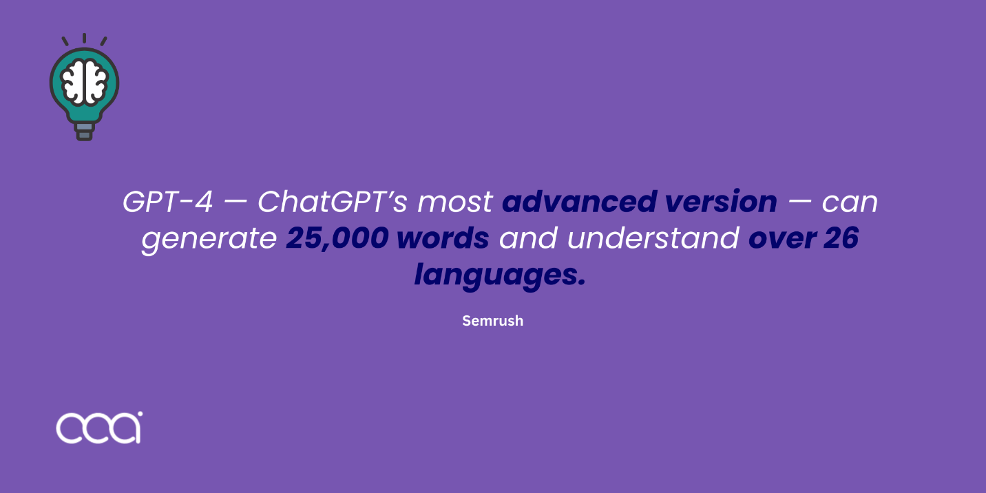  ChatGPT-4 kann Inhalte von mehr als 25.000 Wörtern produzieren und versteht über 28 Sprachen. 