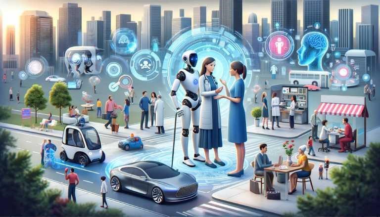  Bild einer futuristischen Stadtszene mit einer Mischung aus Menschen und künstlicher Intelligenz, die in verschiedenen Szenarien interagieren. 