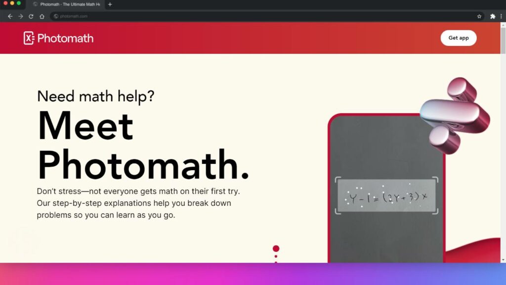  Página inicial do Photomath - usando-o para aprender e se envolver com conceitos matemáticos. 