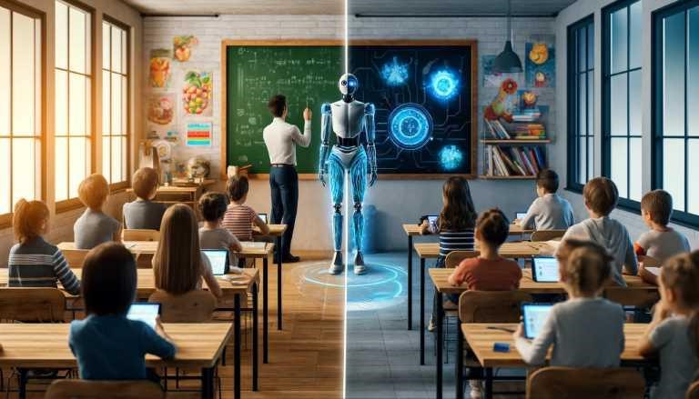  Mit einer traditionellen Klassenzimmerszene auf der linken Seite und einer futuristischen robotergesteuerten Unterrichtsszene auf der rechten Seite. 