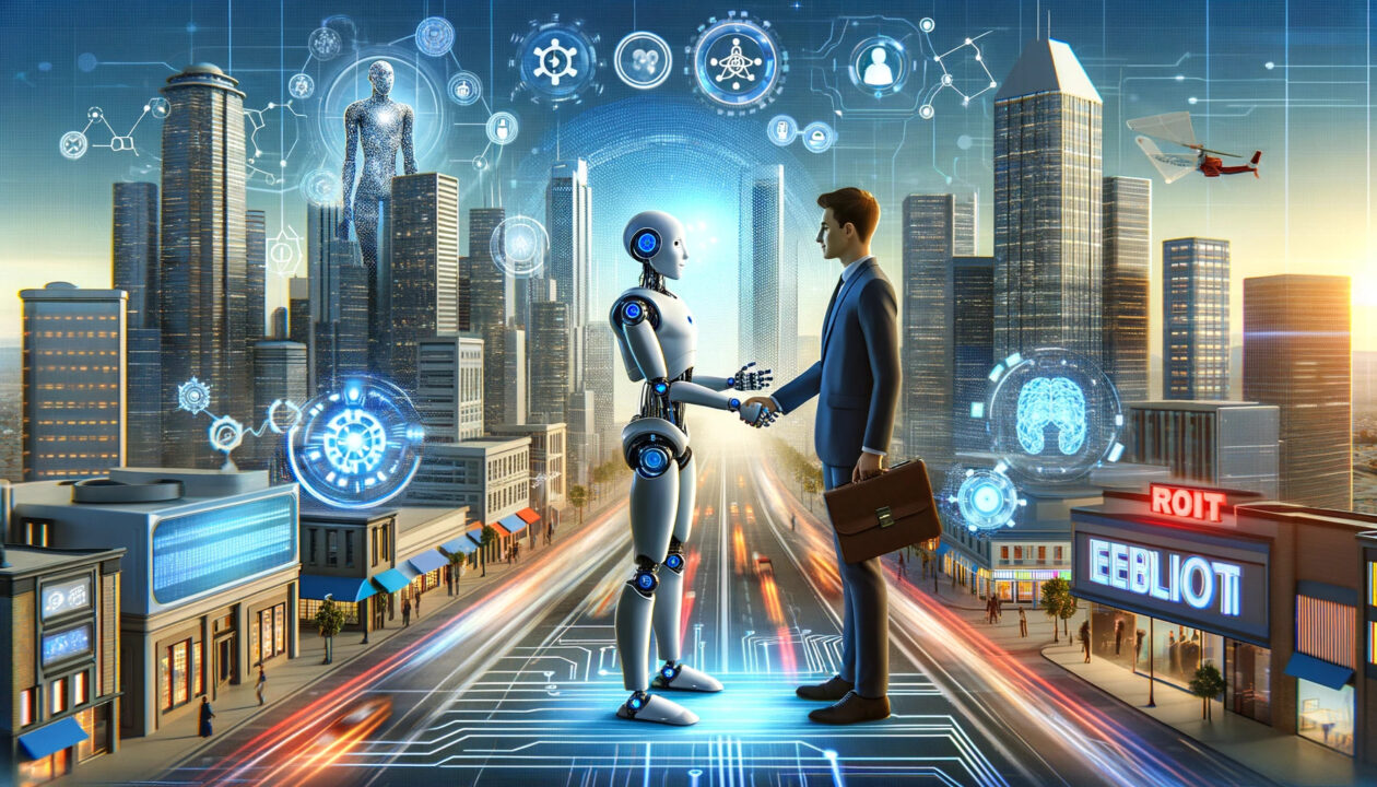  Bild mit futuristischer Stadtszene, in der sich KI-gesteuerte Roboter und Menschen interagieren. 