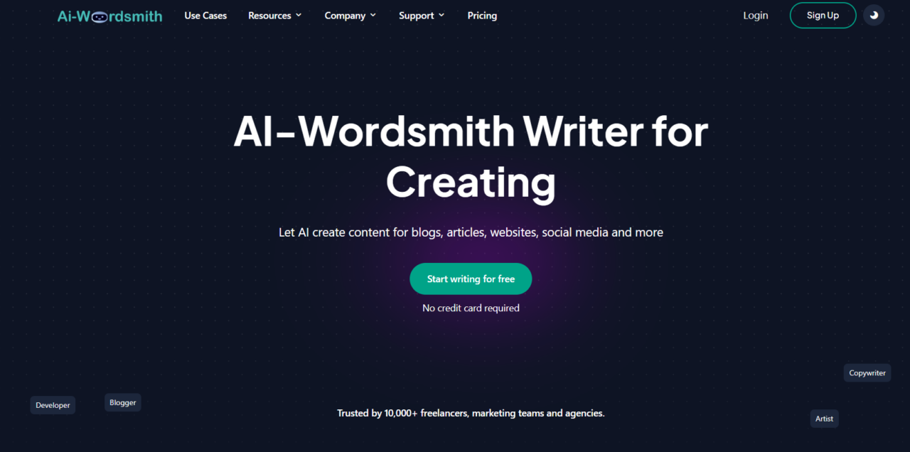 Page d'accueil d'AI Wordsmith présentant le slogan 'AI Wordsmith Writer for Creating.' La page invite les utilisateurs à commencer à écrire gratuitement et met en avant la capacité de l'outil à générer du contenu.