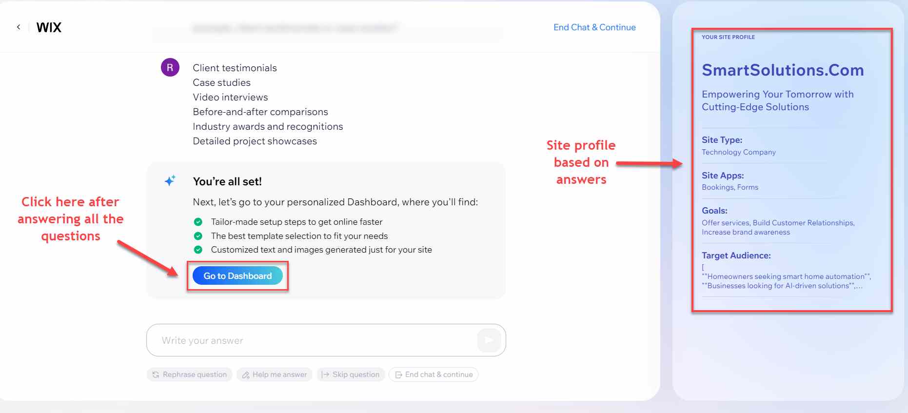  Wix ADI Beantwortungsbildschirm Fragebogen für Website-Bedürfnisse 