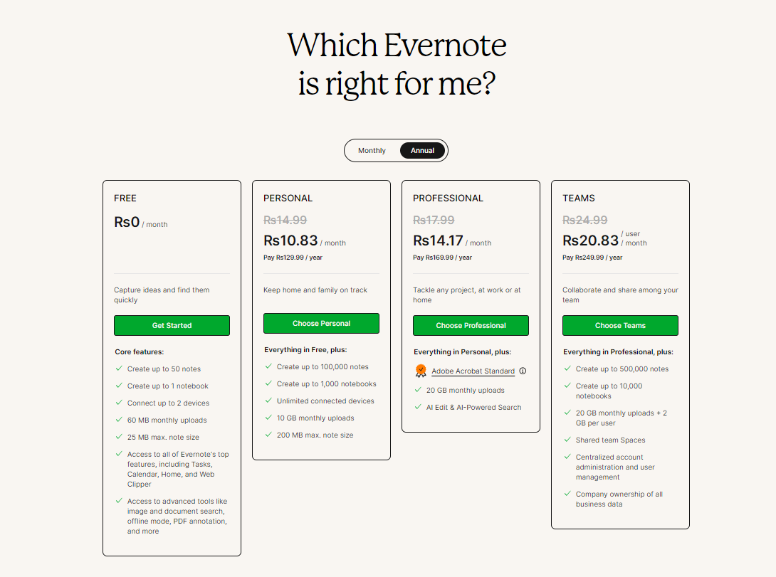 comparison-chart-of-Evernote-pricing-plans-showing-free-personal-professional-and-teams-options