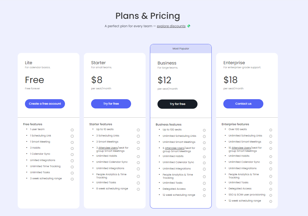  Tabella di confronto dei piani di prezzo di Reclaim AI che mostra le opzioni gratuite, starter, business e enterprise. 