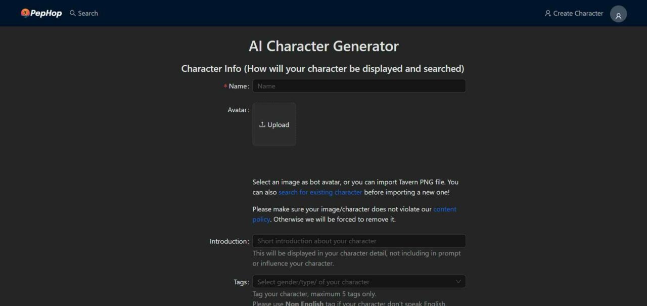 pephop-ai-character-generator-inserindo-página de informações do personagem