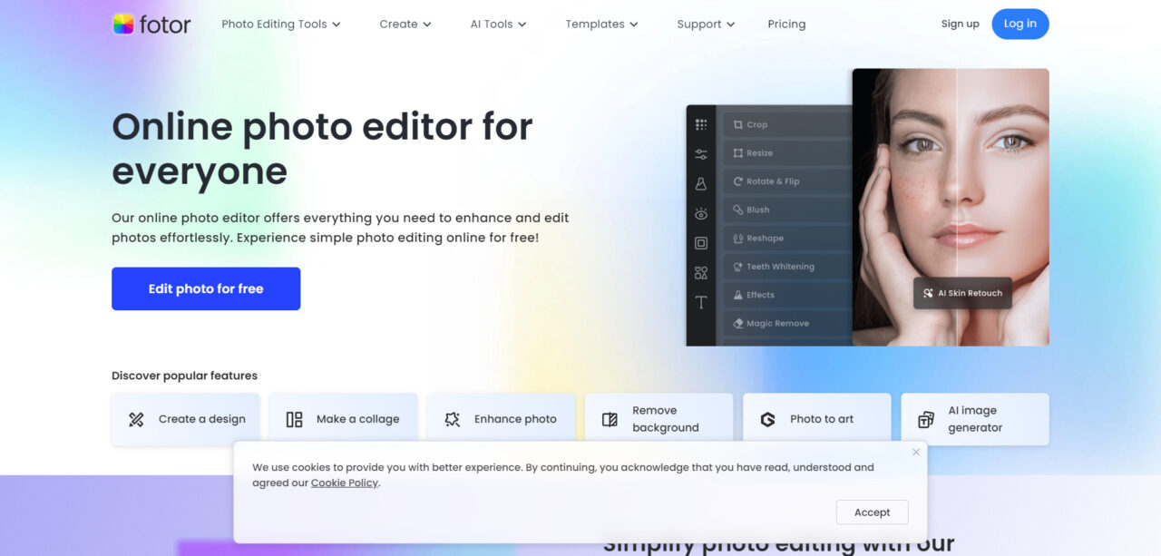  Fotor é uma ferramenta de design gráfico online que permite editar fotos, criar colagens e projetar gráficos para mídias sociais com facilidade. 