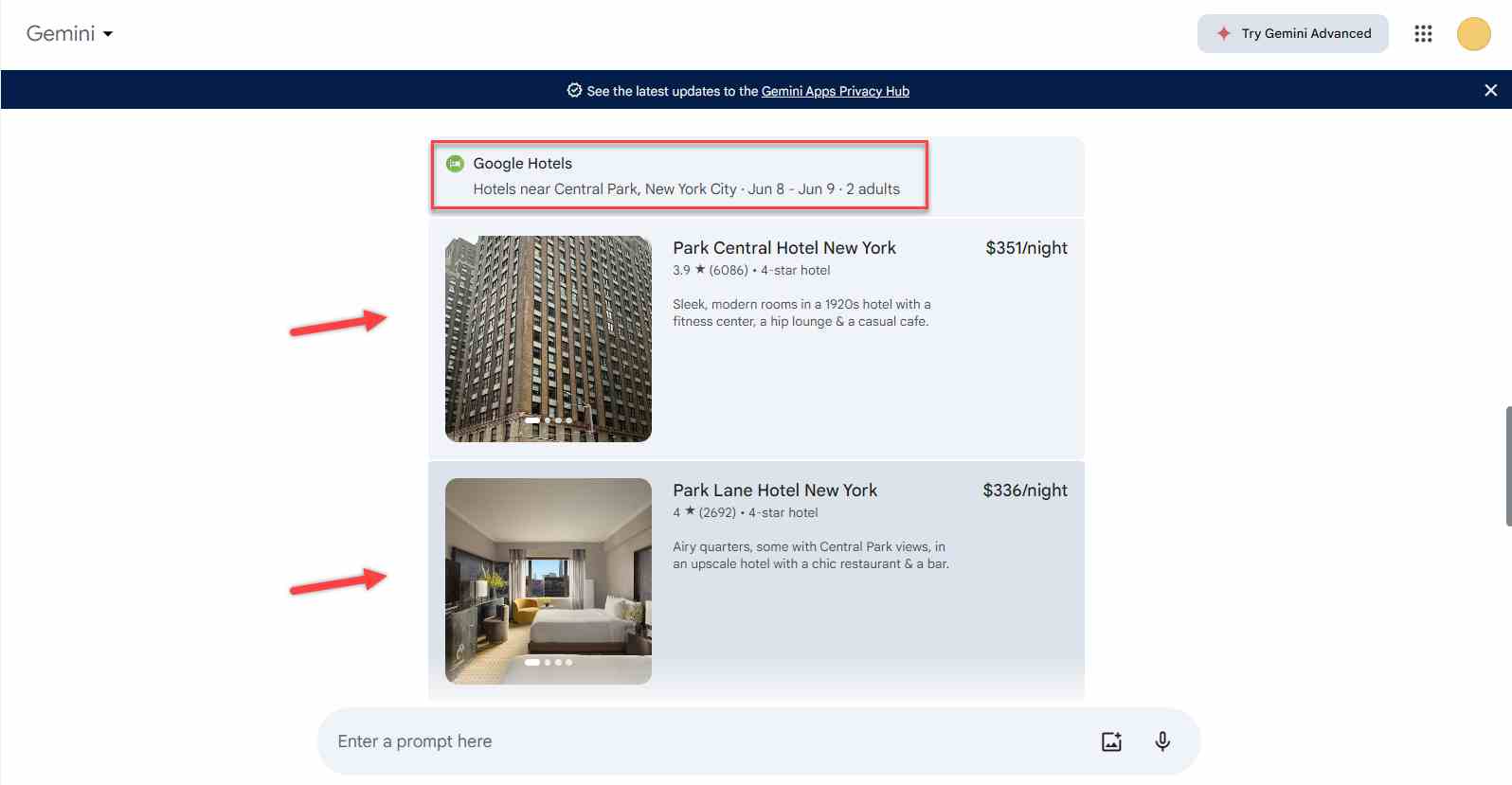  Utilisation de l'IA pour planifier un voyage : obtenir des suggestions d'options d'hôtels, de notes et de prix. 
